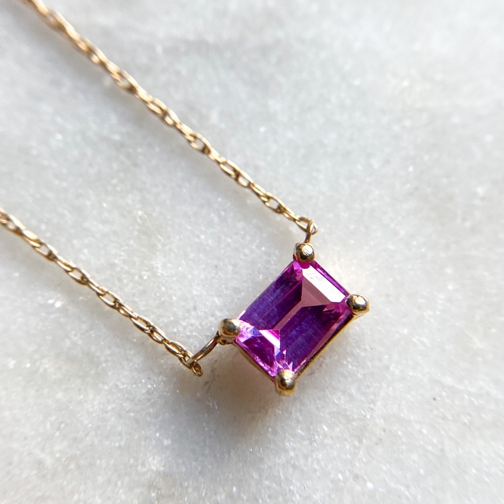 14k Yellow Gold Pink Emerald Cut Topaz Necklace
